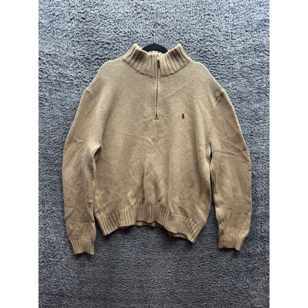 Polo Ralph Lauren Embroidered Cotton Quarter-Zip Pullover Sweater Beige Mens XXL